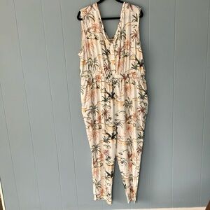 World Market L/XL Tropic Print Sleeveless Jumpsuit V-Neck Elastic Waist Pockets
